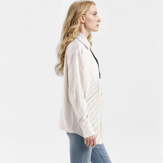 Women's Blocked Pleated Irregular Long Sleeved Shirt