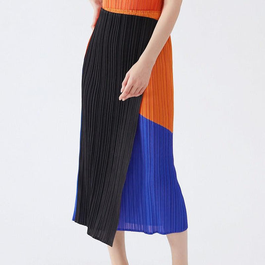 Long Patch Color Pleated Skirt