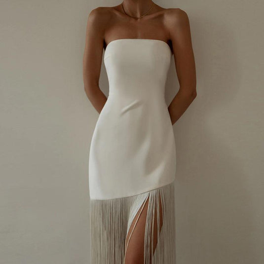 Women's Sexy Tassel Strapless Dress w/ Split