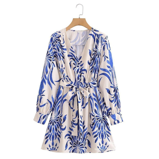 Women's Long Sleeved Printed Mini Dress w/Belt Embellished