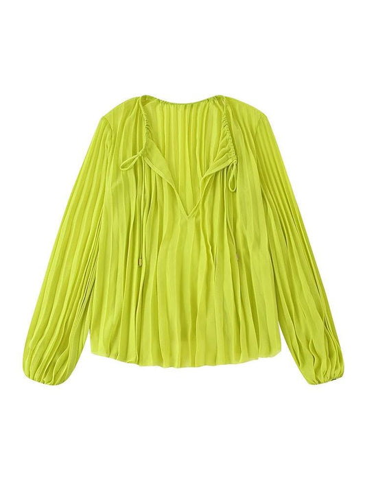 Women's Long Sleeve Pleated Blouse w/O-neck