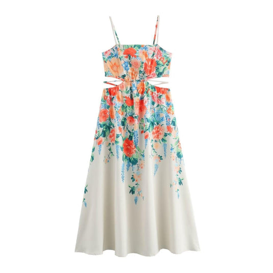 Flower Printed + Side Cut Out Pulling Strap Dress for Women