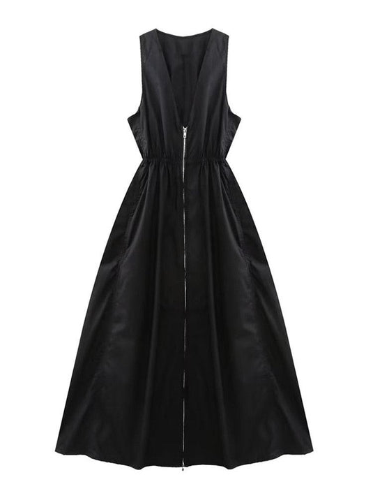 Women's Front Zipper Poplin Midi Dress w/ Elastic Waist