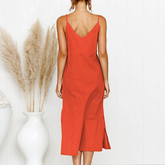 Women's Spaghetti Strap Midi Dress w/ v-neck