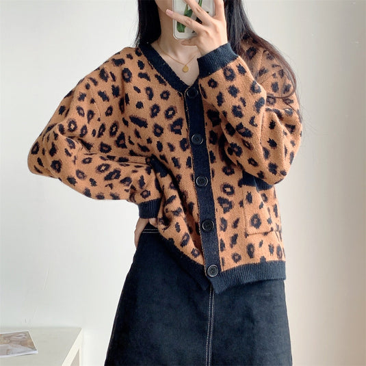 Women's Leopard Print Knitted Cardigan Sweater