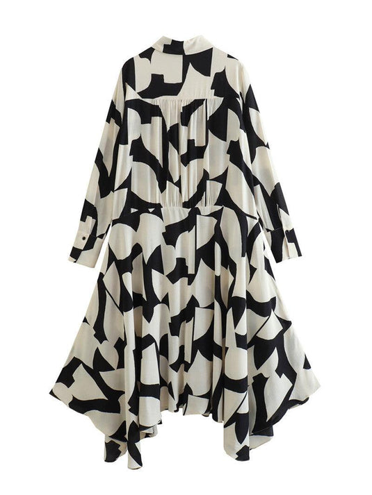 Women's Printed Shirt Midi Dress w/ Long Sleeve