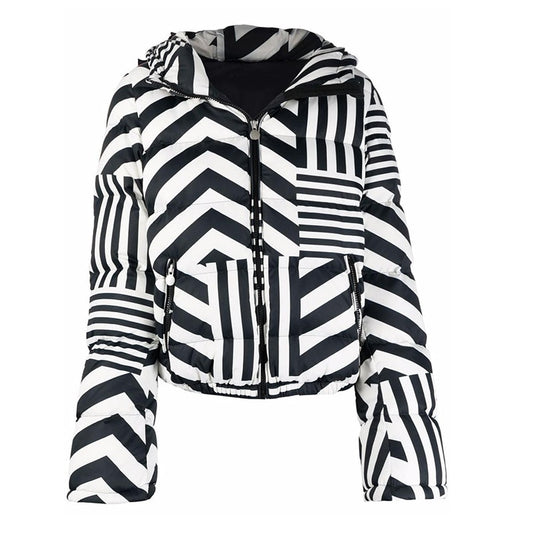 Women's Black + White Stripe Hooded Down Jacket