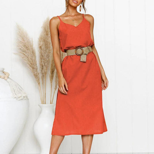 Women's Spaghetti Strap Midi Dress w/ v-neck