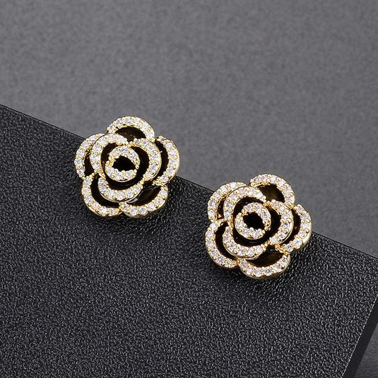 French Retro Black Camellia Diamond Stone Earrings