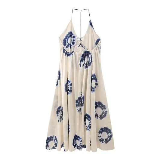 Printed Maxi Dress w/ Elegant Deep Neck Halter + Backless