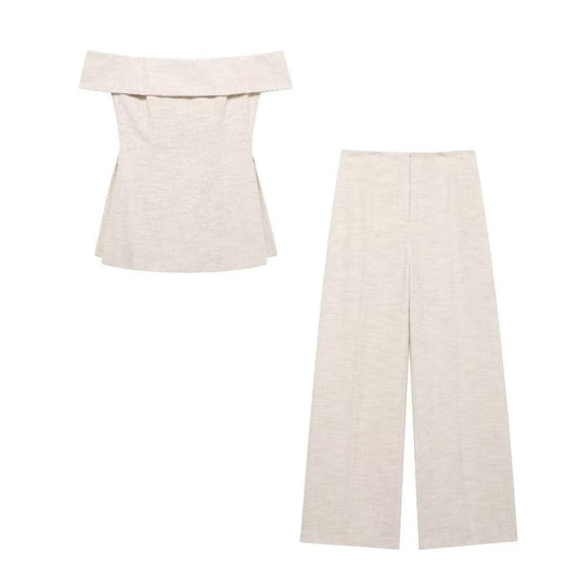 Simple Off shoulder top + high waist wide pants set