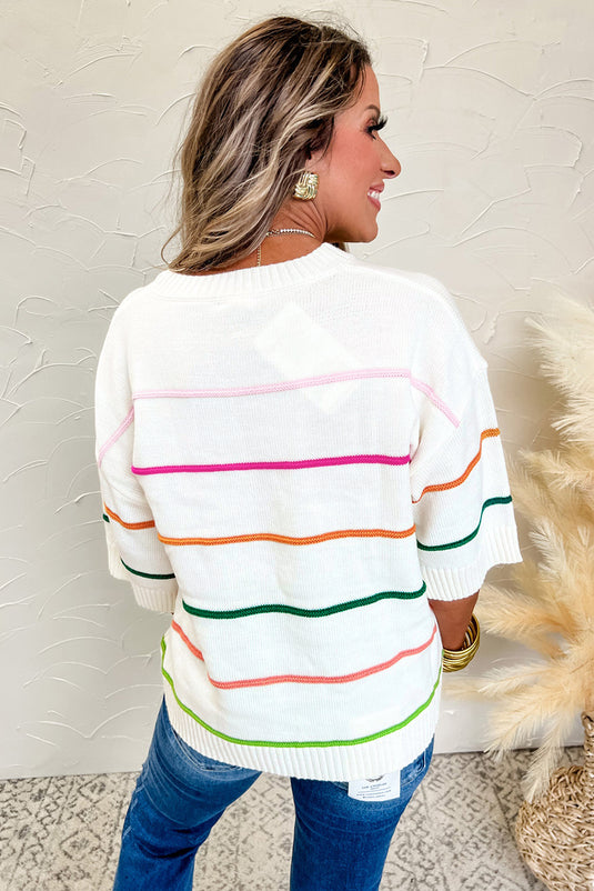 White Striped Half Sleeve Drop Shoulder Sweater