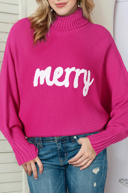 Green Turtle Neck Batwing Sleeve Merry Christmas Sweater