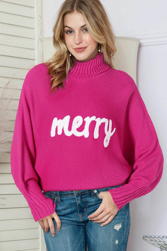 Green Turtle Neck Batwing Sleeve Merry Christmas Sweater